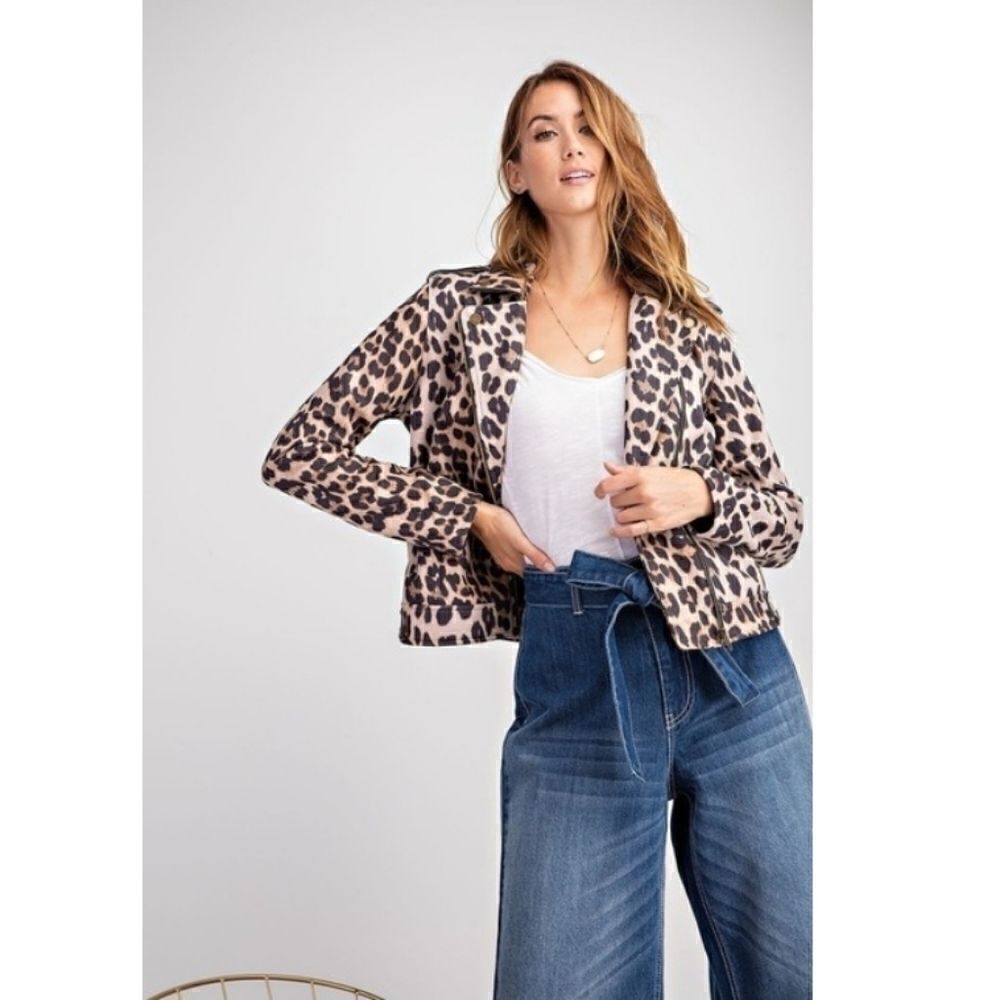 Easel Brown Black Vegan Faux Suede Leopard Print Moto Style Jacket Size Small